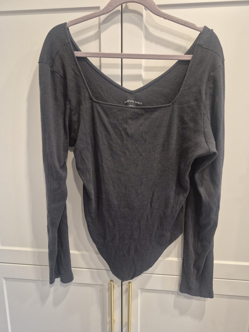 American Eagle Outfitters Charcoal Ribbed Long-Sleeve Bodysuit